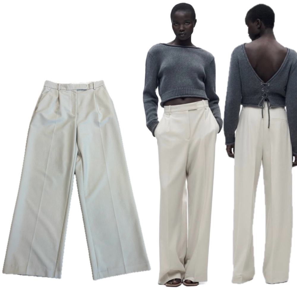 Zara light gray high waisted pleated wide leg trouser dress pants Sz M - Picture 12 of 12